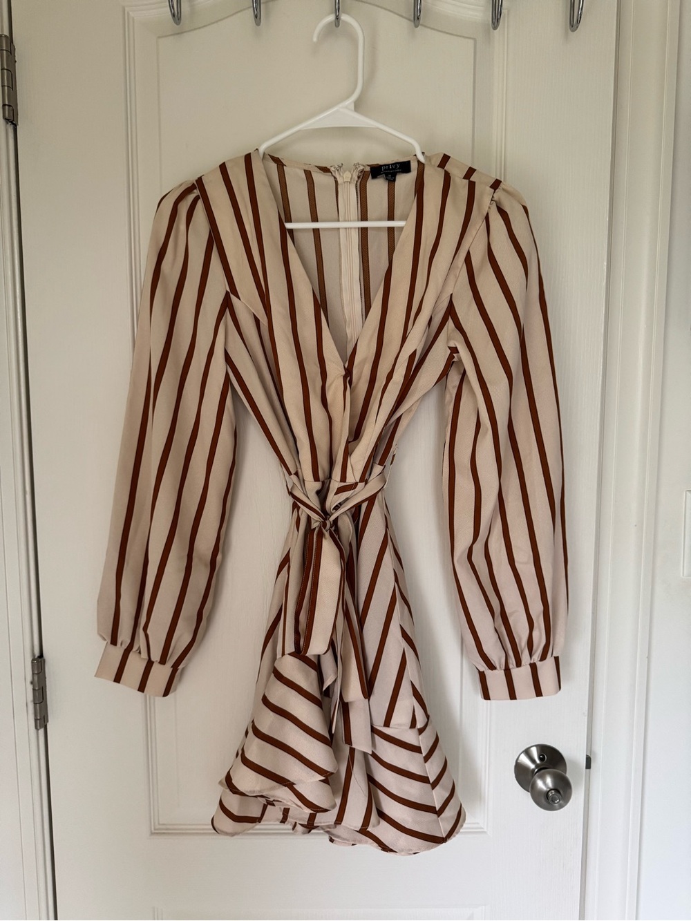privy Cream and Brown Striped Wrap Dress